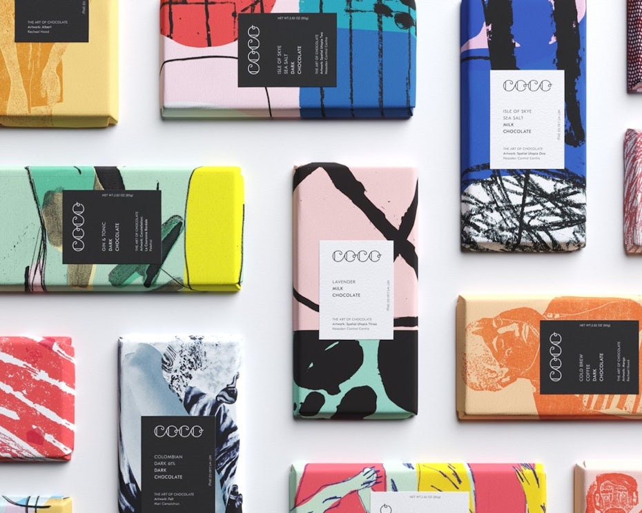 chocolate bar packaging showing multiple unique collage designs