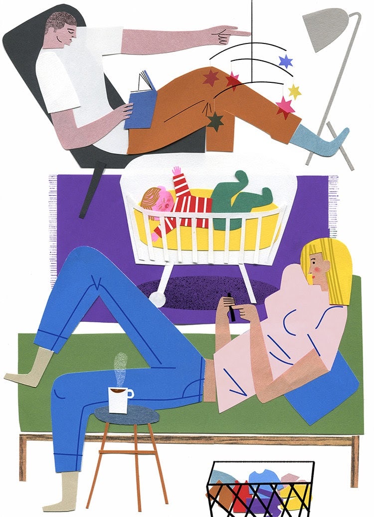 collage design of a scene showing lounging parents beside a baby in a bassinet