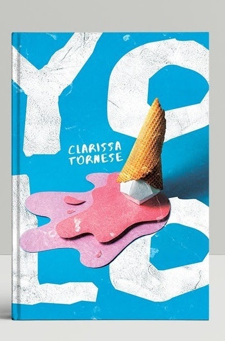Collage book design showing pink ice cream on the ground against white letters and a blue background