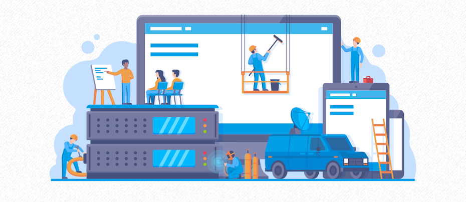 illustration of construction workers building a website