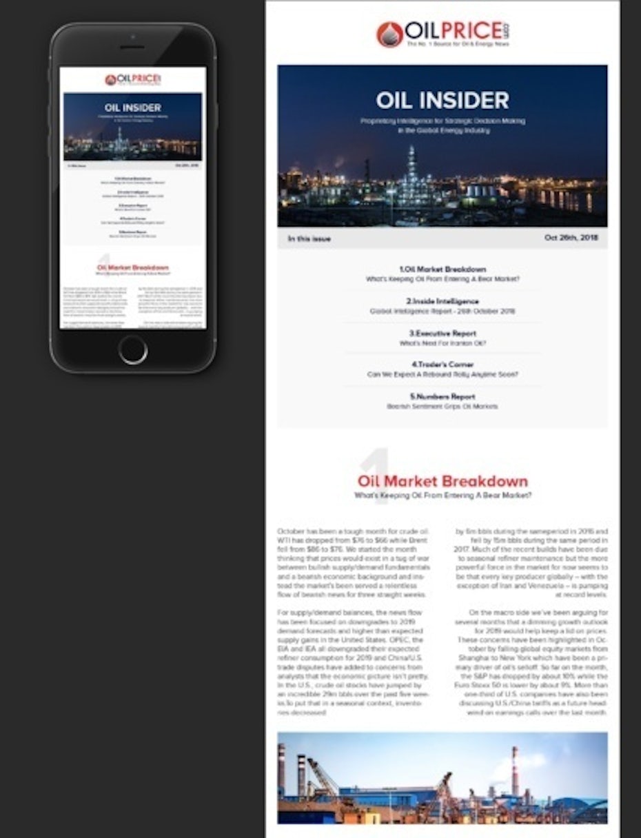 text-heavy black and white newsletter with a refinery photo header