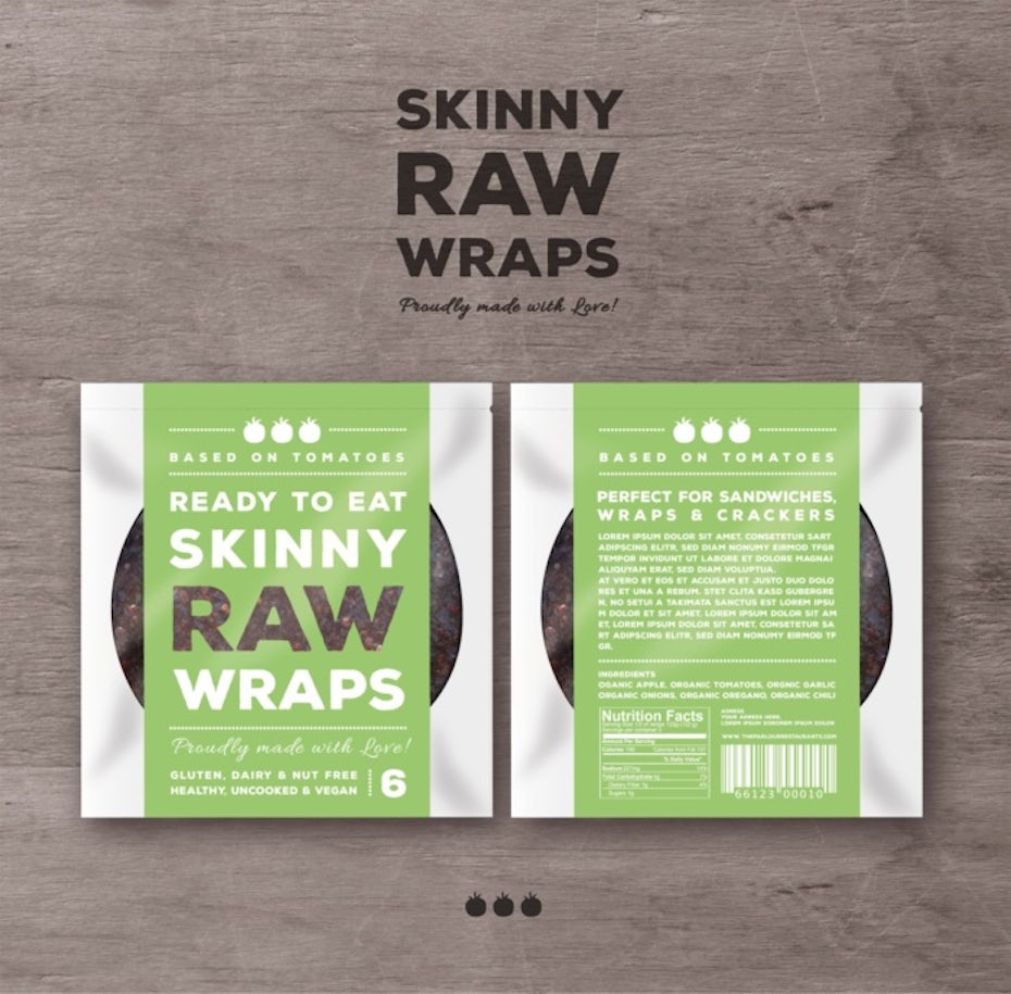 Green, white and brown packaging for Skinny Raw Wraps
