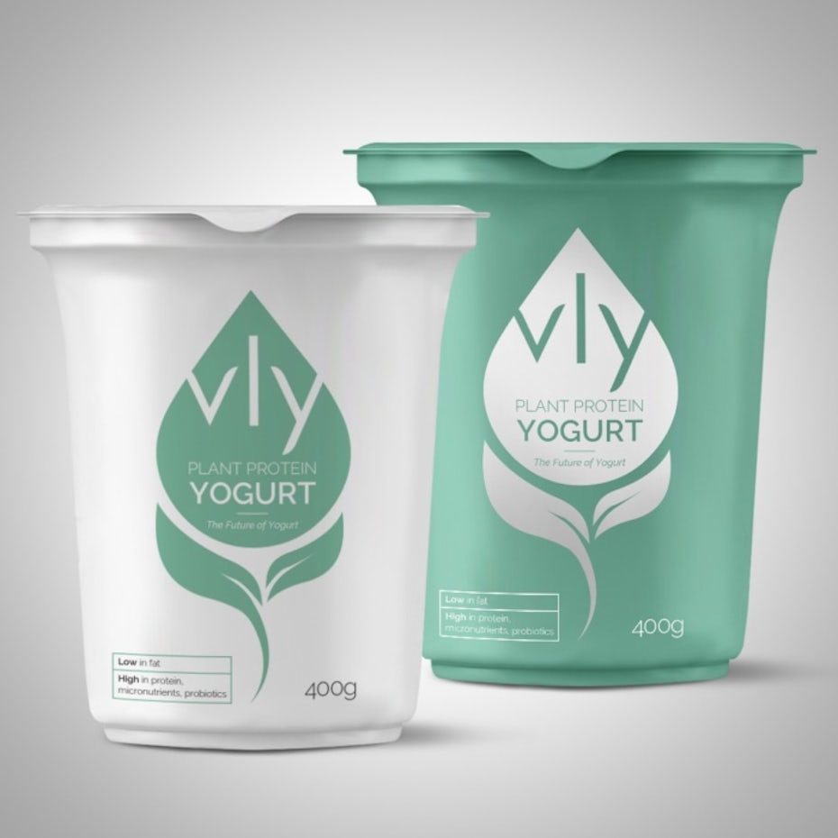 Mint green and white packaging design for vly plant protein yogurt