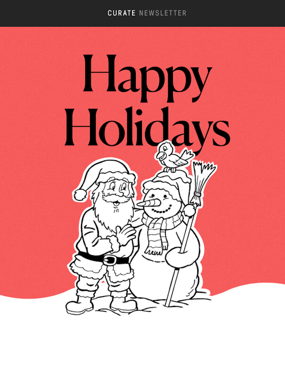 white, black and red holiday newsletter featuring Santa and a snowman