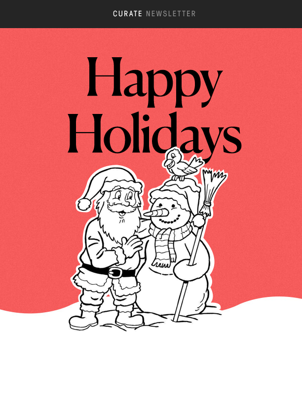 white, black and red holiday newsletter featuring Santa and a snowman