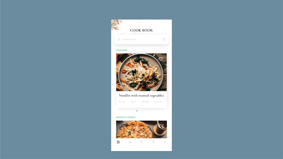 An animated mockup of a design for a recipe app