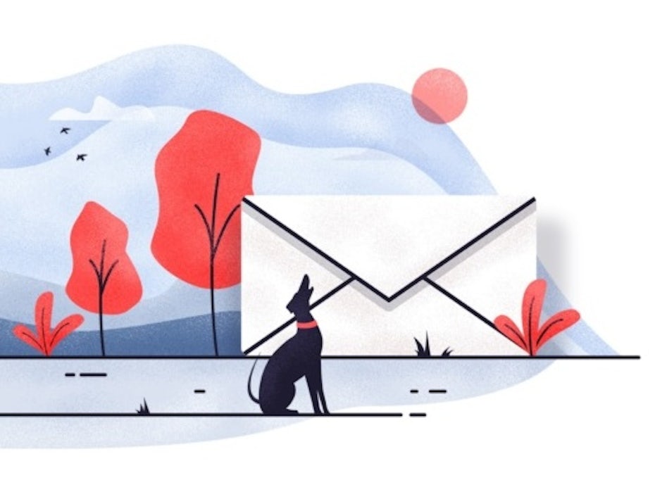 illustration of a big envelope in landscape with dog