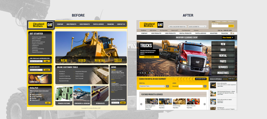 A before and after image of a farmer’s equipment website redesign