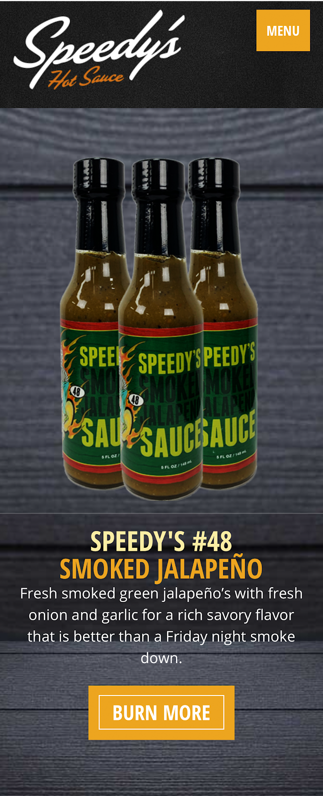 Dark mobile web design with a woodgrain background for a hot sauce food brand