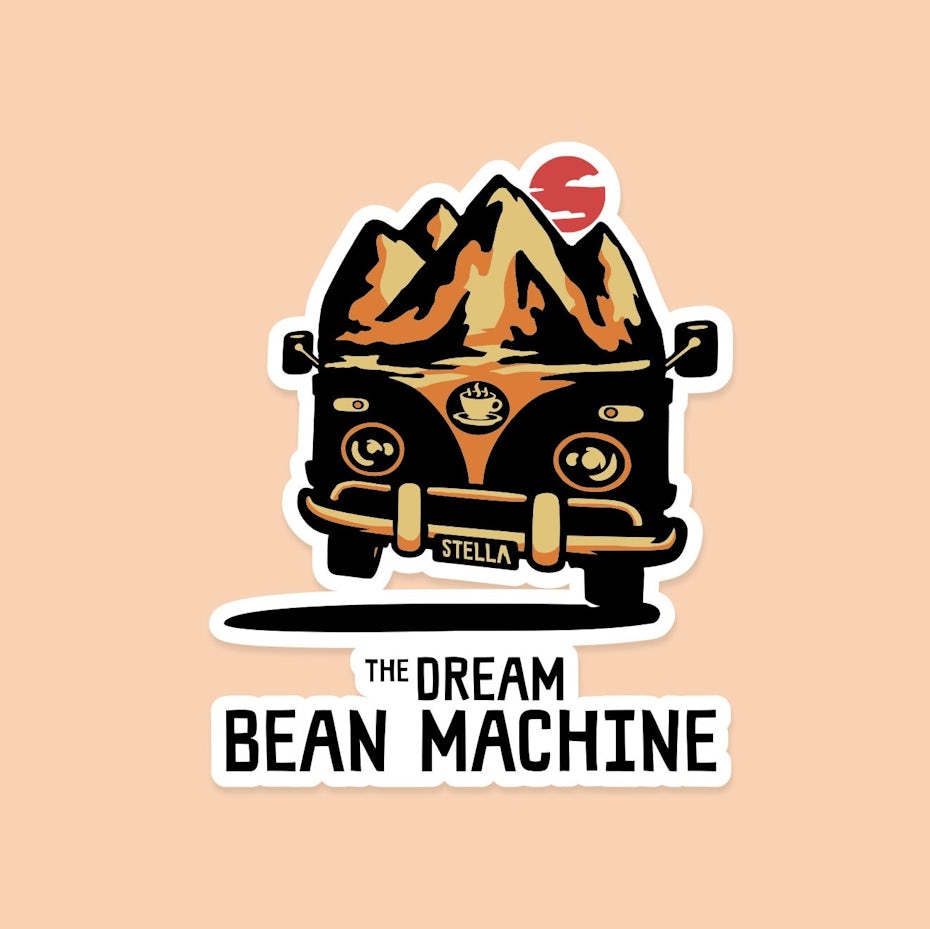 merchandise branding with sticker depicting a VW bus driving in front of a mountain