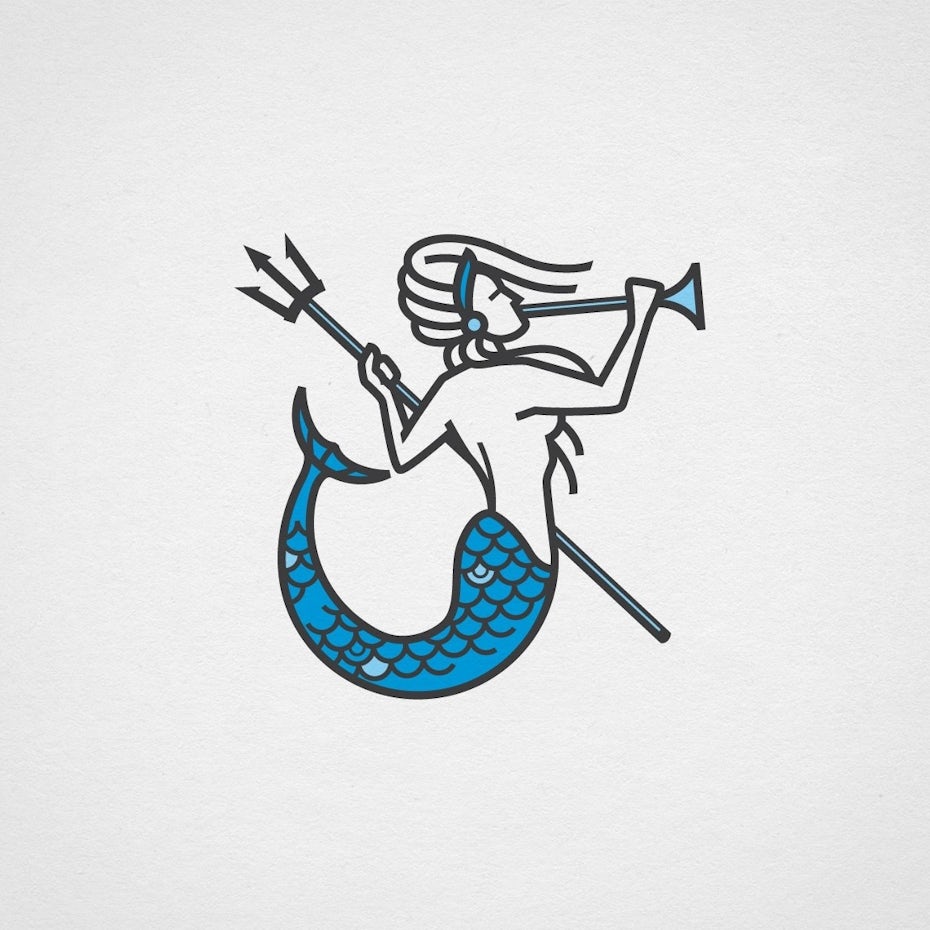 Blue digital marketing logo with monoline mermaid illustration
