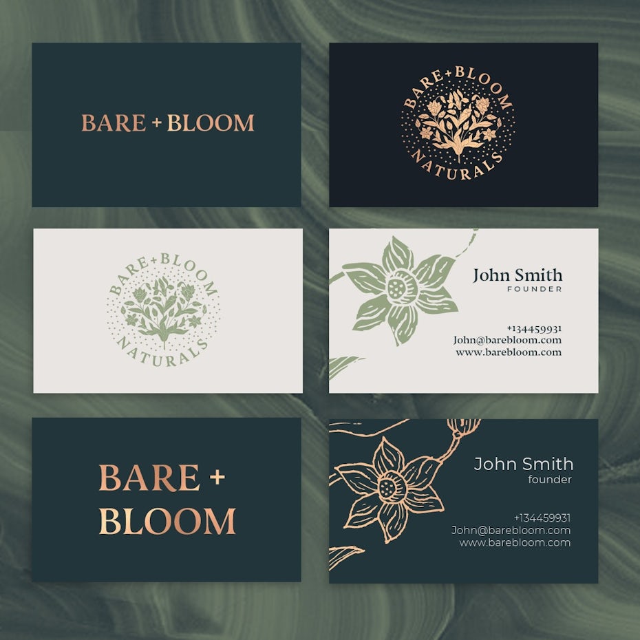 black, gold, green and cream brand identity for a cosmetics company