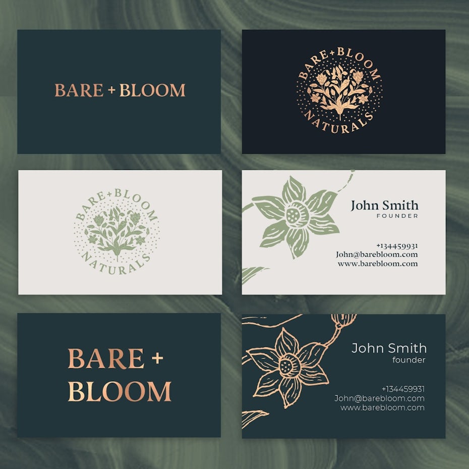 black, gold, green and cream brand identity for a cosmetics company