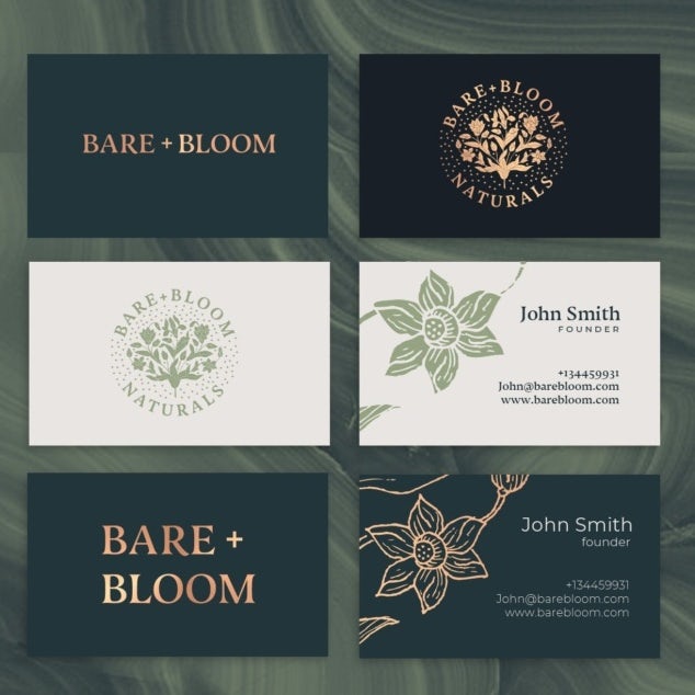 black, gold, green and cream brand identity for a cosmetics company
