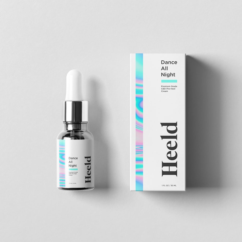 minimalist beauty product packaging with a pink and blue iridescent strip