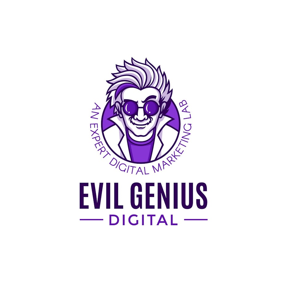 Digital marketing logo with a cartoon quirky mad scientist mascot