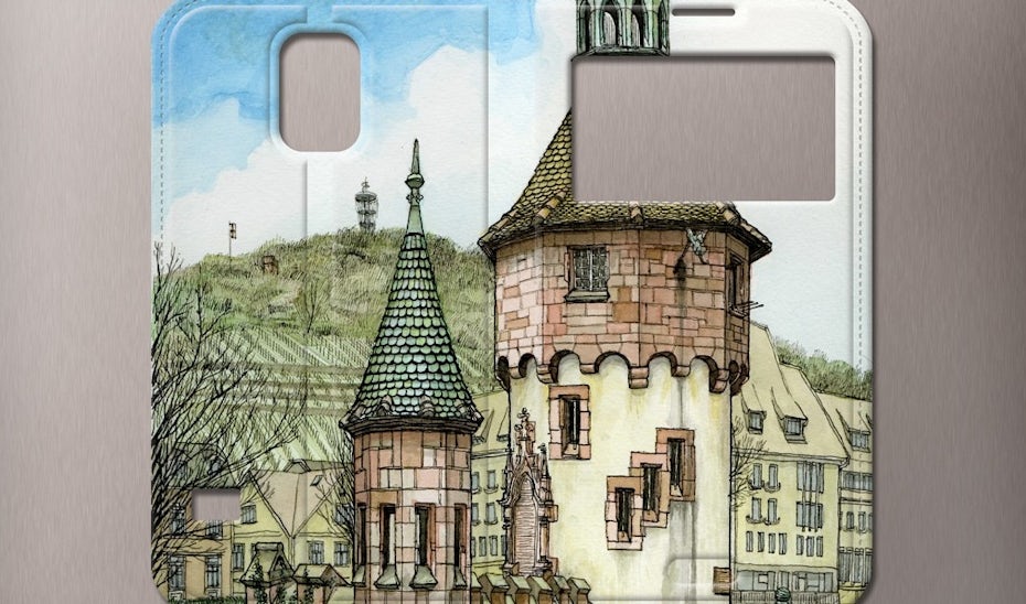 merchandise branding with phone case with an image of a brick building and a hill