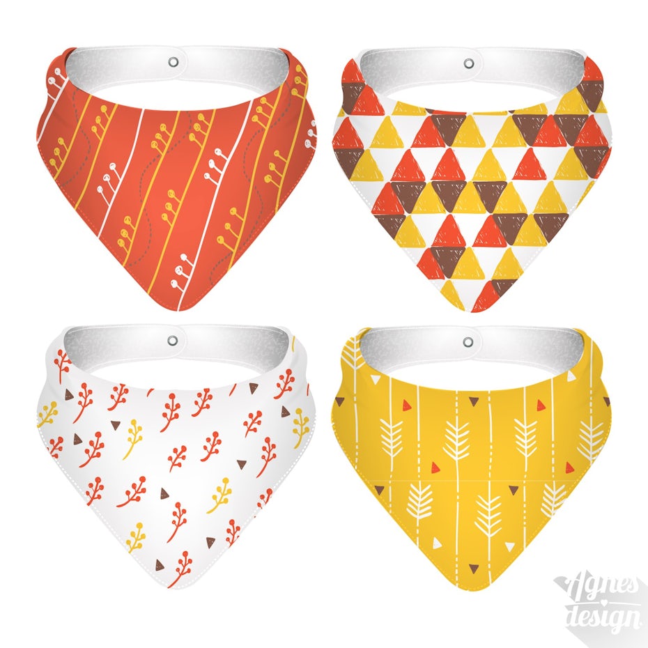 merchandise branding with four bib designs sharing the same color palette and similar patterns