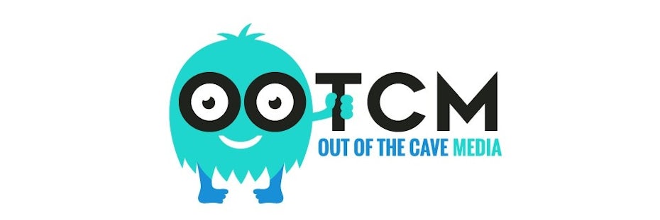 Bright blue digital marketing logo with a cartoon monster quirky mascot