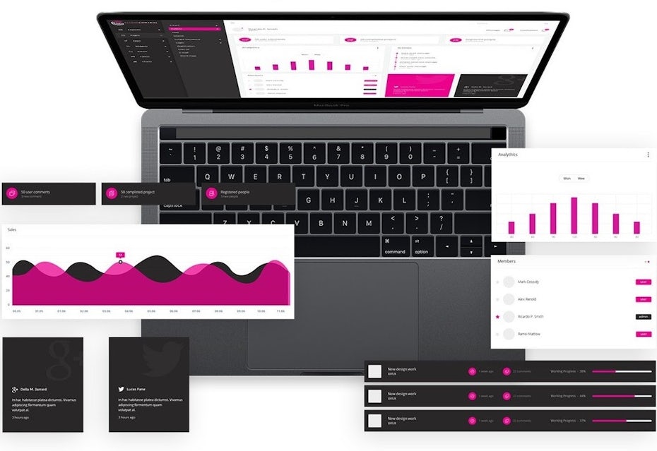 example of digital design: App design showing magenta-colored charts and graphs displayed on a computer