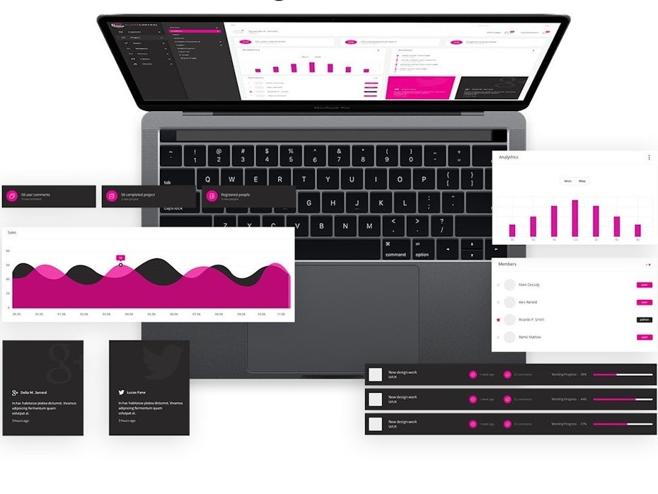 App design showing magenta-colored charts and graphs displayed on a computer