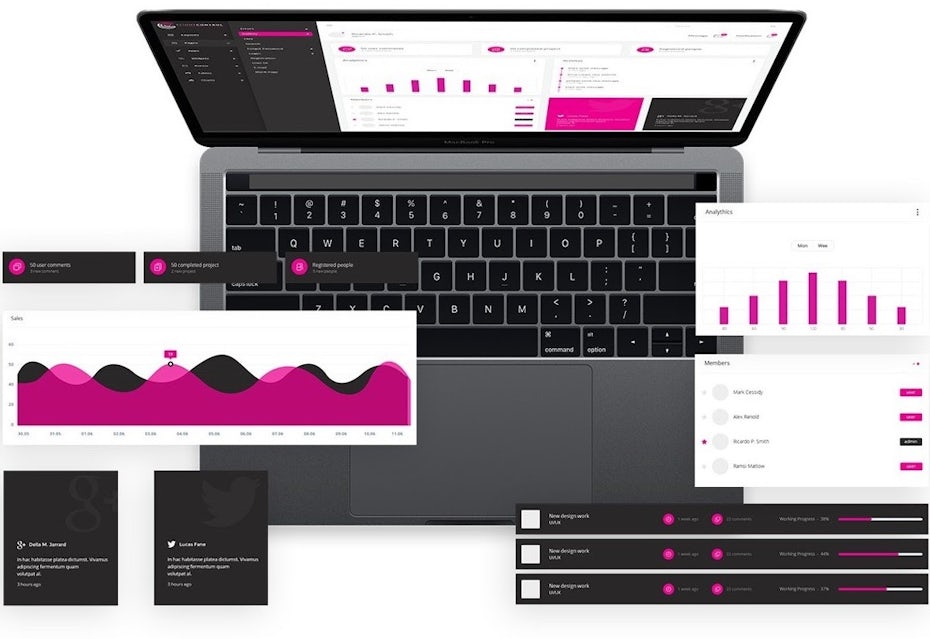 App design showing magenta-colored charts and graphs displayed on a computer