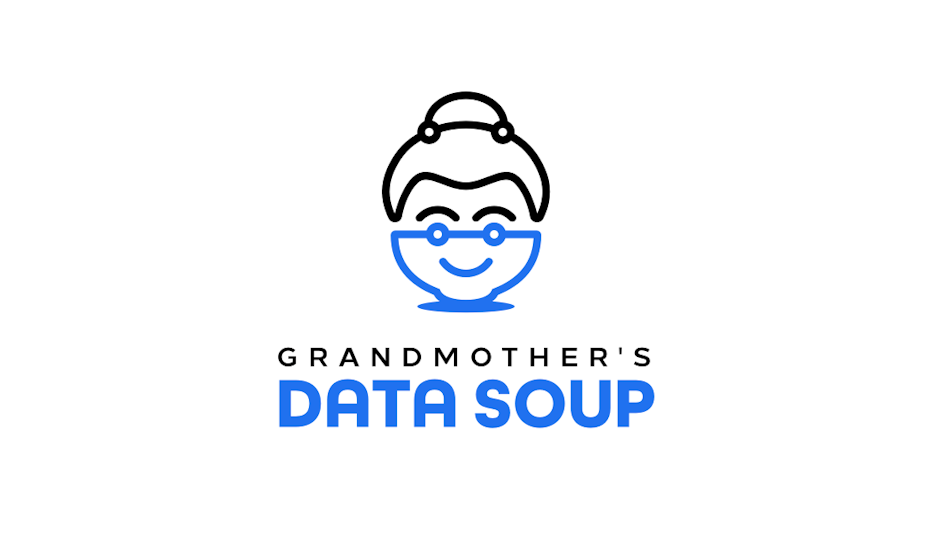 Design de logo en line art noir et bleu, représentant le visage d'une femme et un bol de soupe
