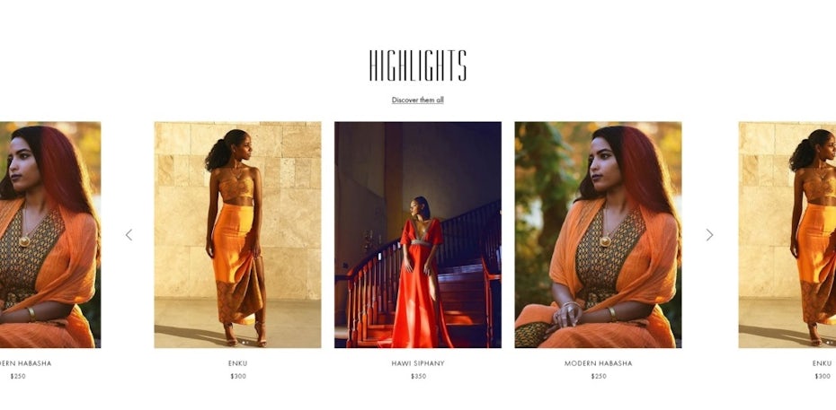 Site web de mode avec modèles portant des vêtements aux tons chauds et à fleurs
