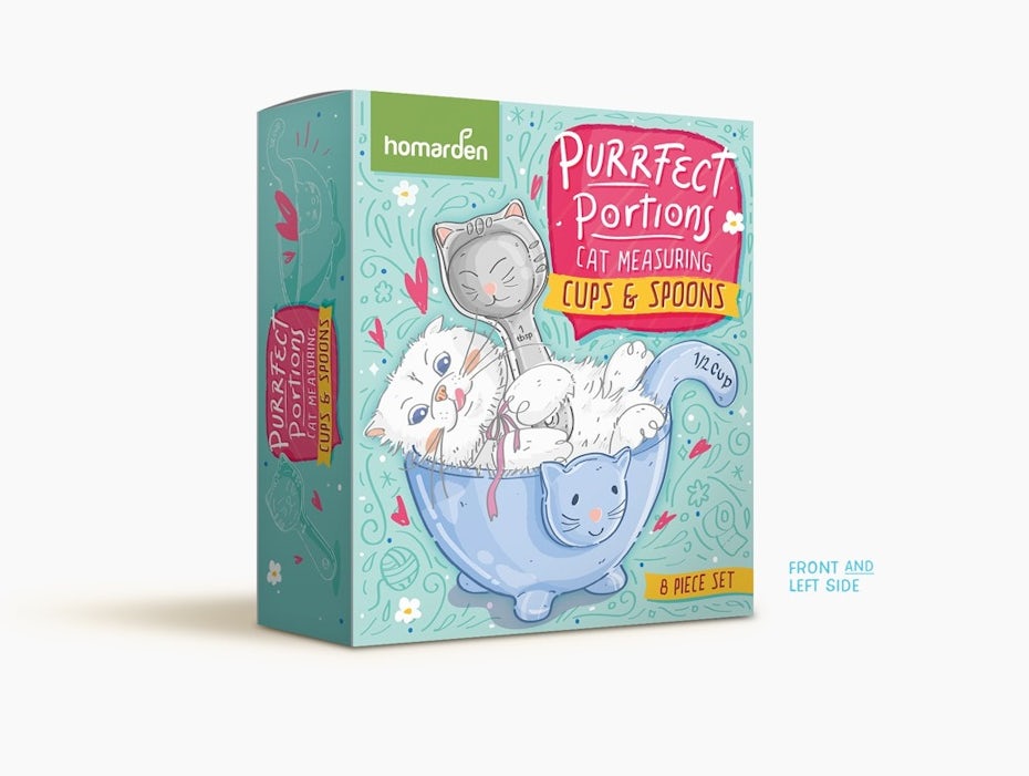 Blue illustrated packaging box design for cat food measuring