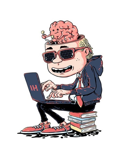Une illustration de t-shirt représentant un homme de dessin-animé travaillant sur son ordinateur