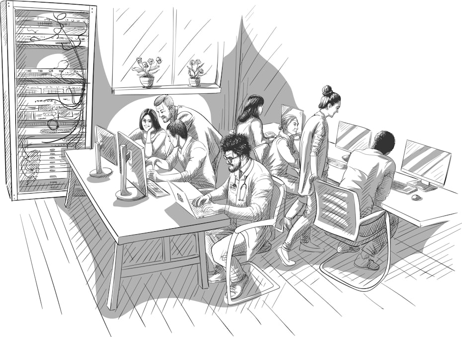 A black-and-white hand-sketched illustration of various people working at computers