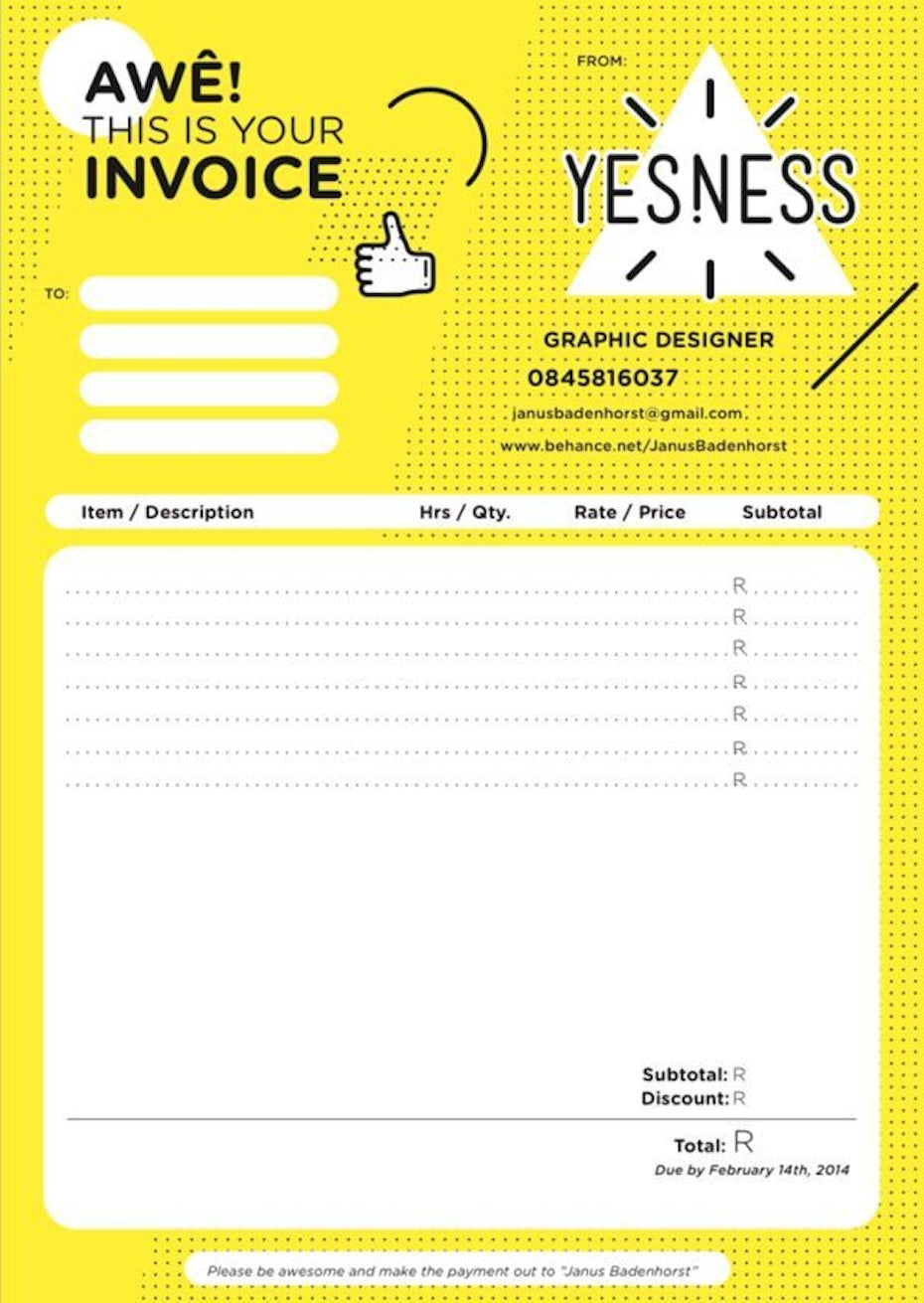 bold, busy yellow and white invoice design