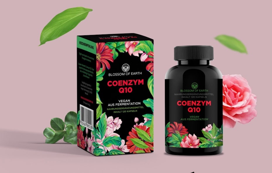 primarily black product packaging with colorful flowers and text
