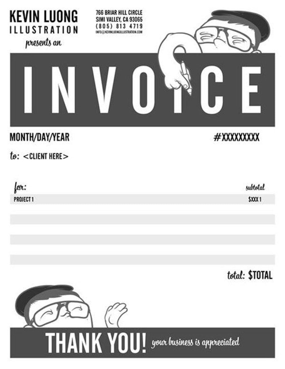 black and white invoice design with a boy mascot