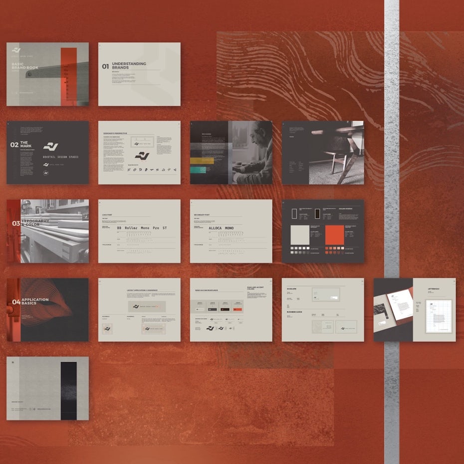 Brand book guide design layout on an orange background