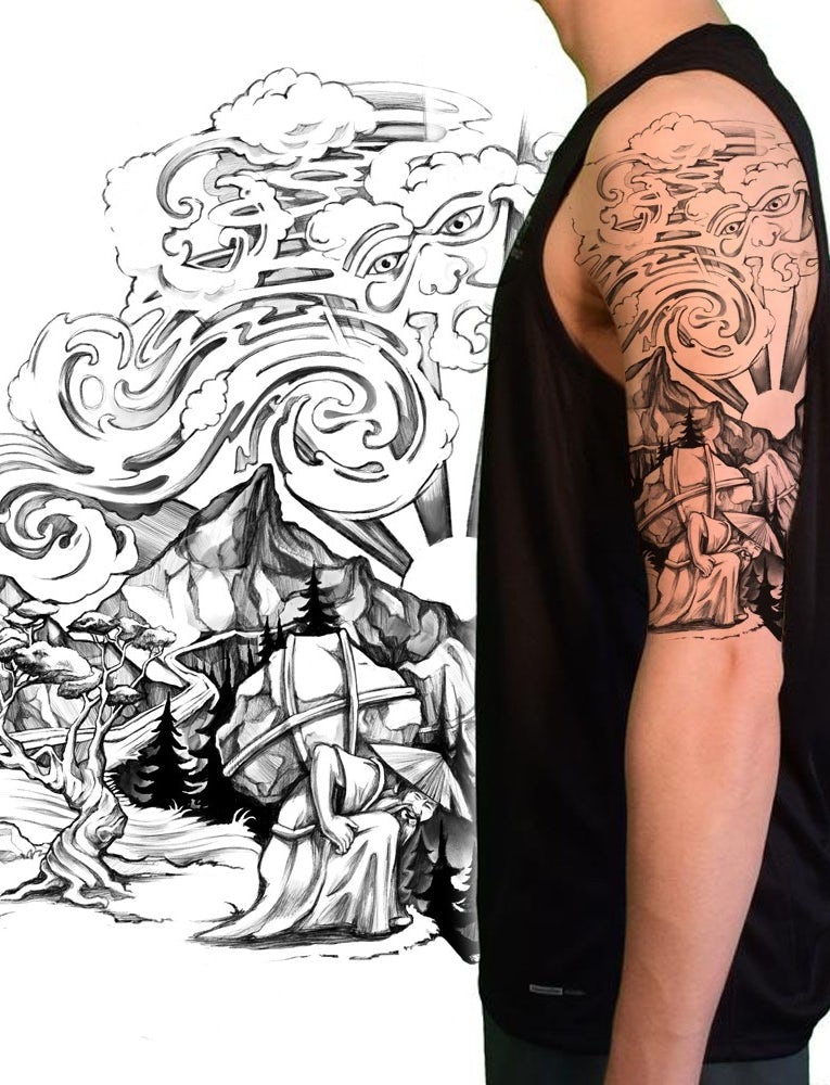tattoo design that illustrates story of man who removed mountains