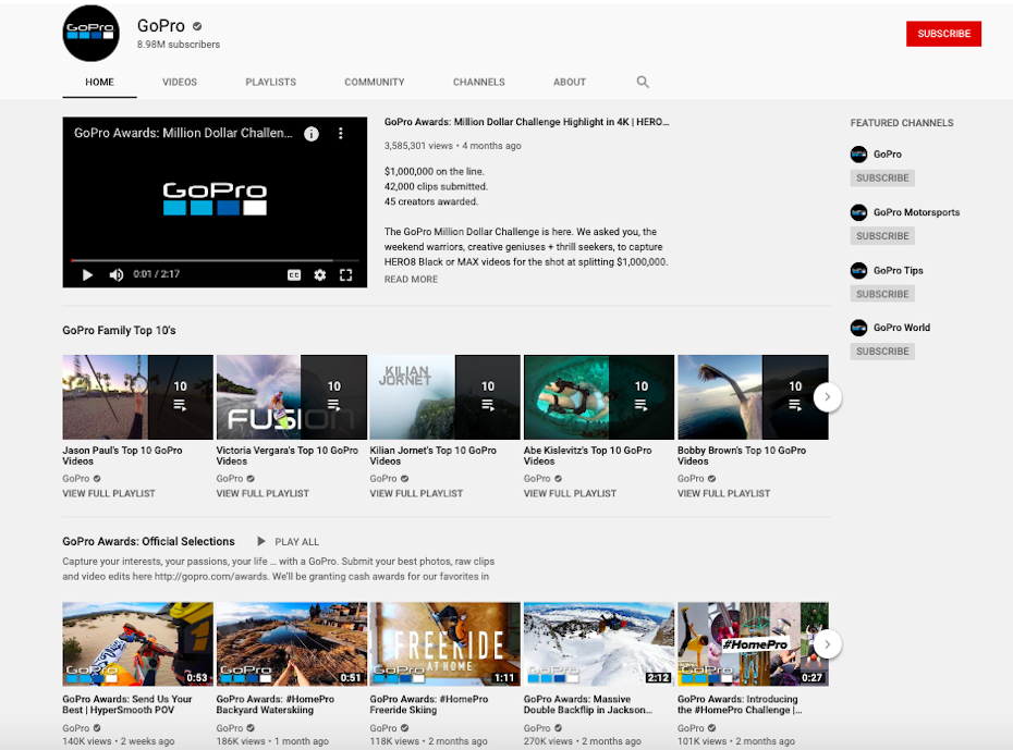 A screenshot of GoPro's YouTube channel