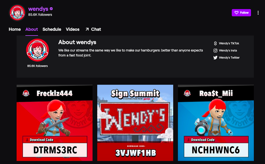 Une capture d'écran de la chaîne Twitch de Wendy's
