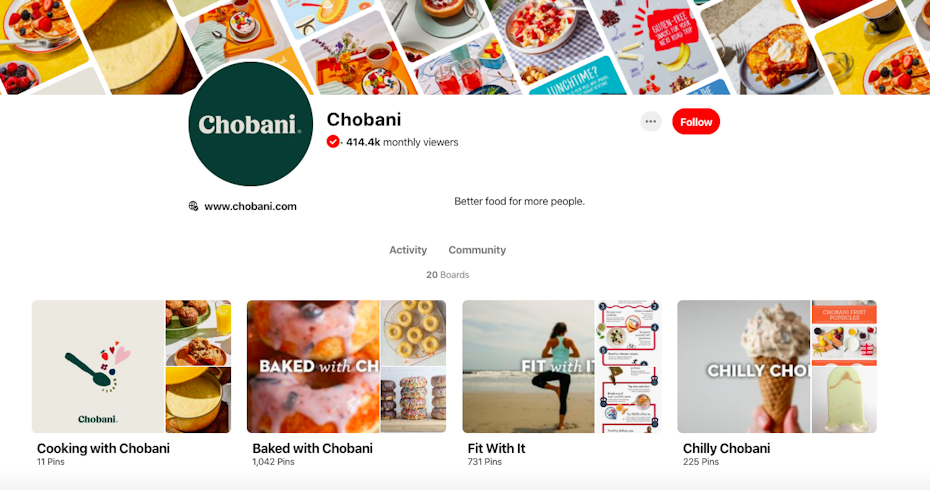A screenshot of Chobani's Pinterest page