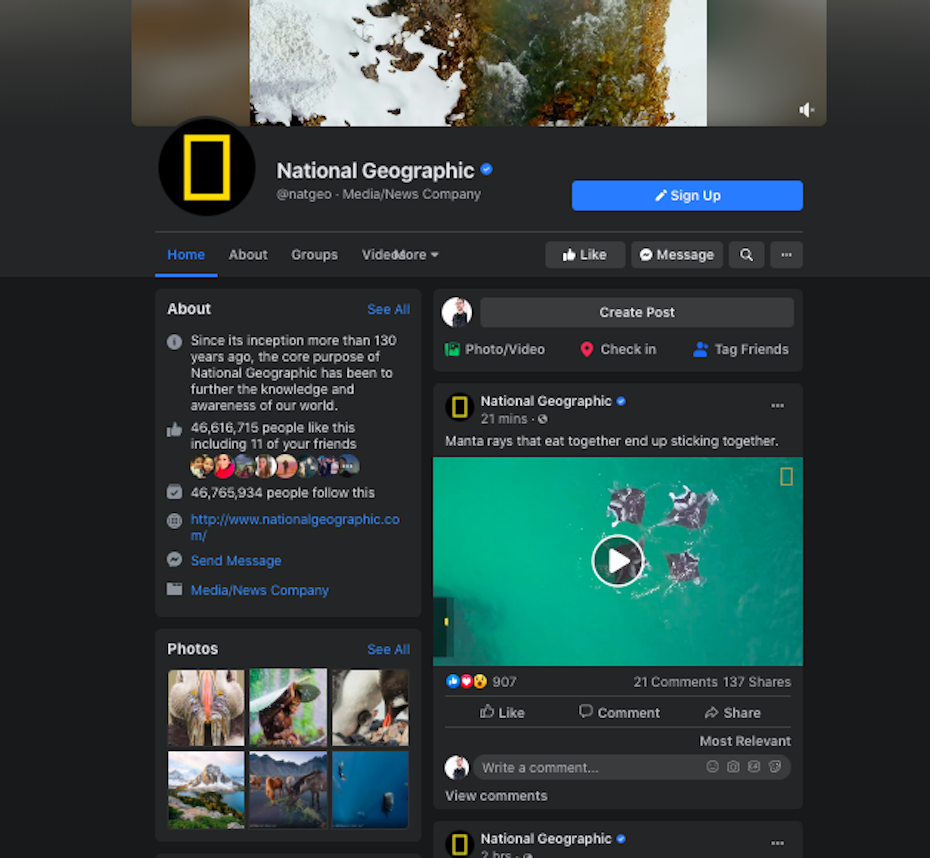 A screenshot of National Geographic’s Facebook