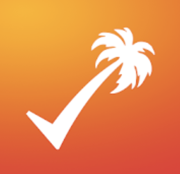 white checkmark that terminates as a palm tree against an orange gradient
