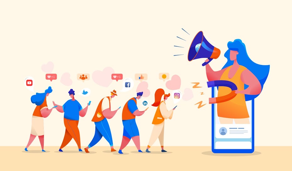A flat design illustration showing people drawn to social media with a magnet