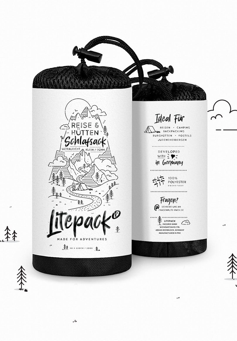 white and black line drawing product label for a sleeping bag