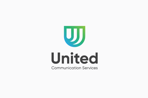 geometric badge-shape logo with green and blue gradient