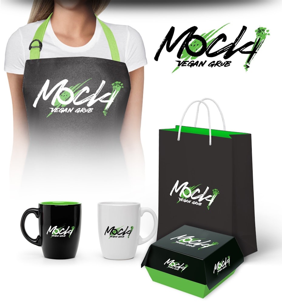 Identité visuelle d'une marque vegan représentée sur des mugs, des emballages et un tablier