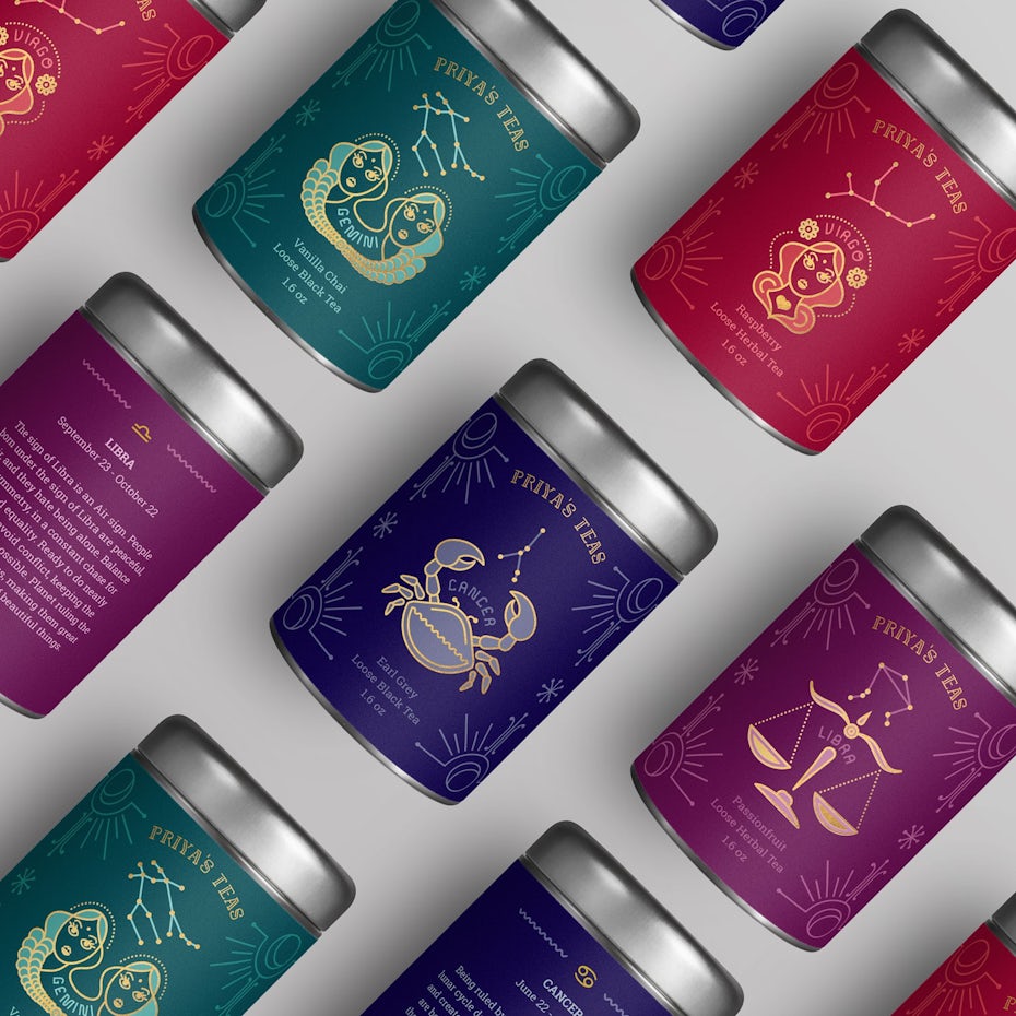 collection of tea canisters in jewel-toned packaging with different zodiac signs on them