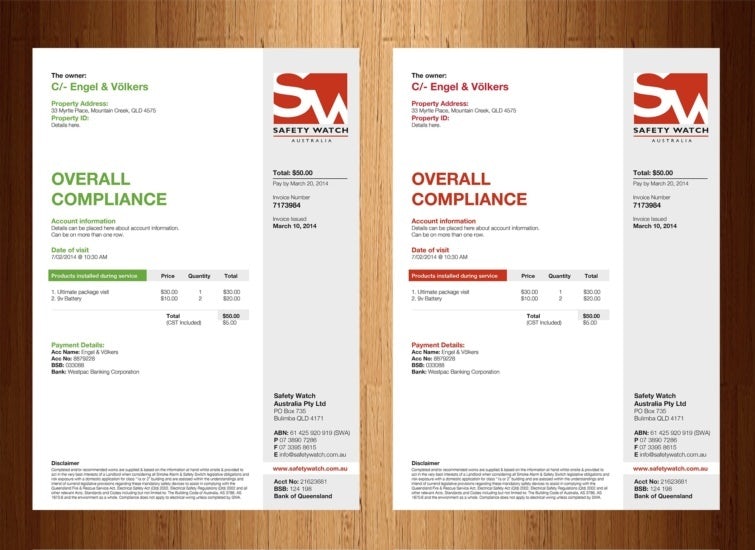invoice design and compliance letters in red, green and white