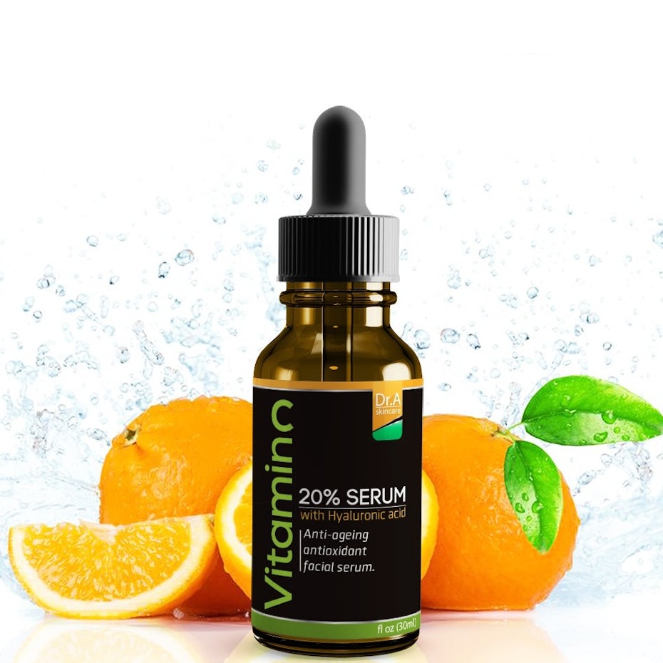 black product label with orange, white and green details