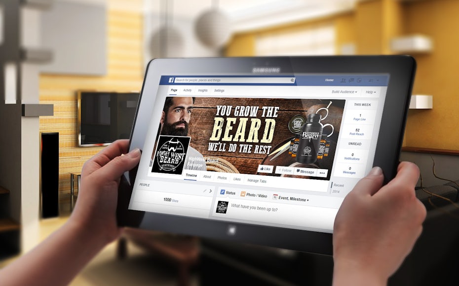 Facebook cover page showing a man with a beard, scissors and the beard care product