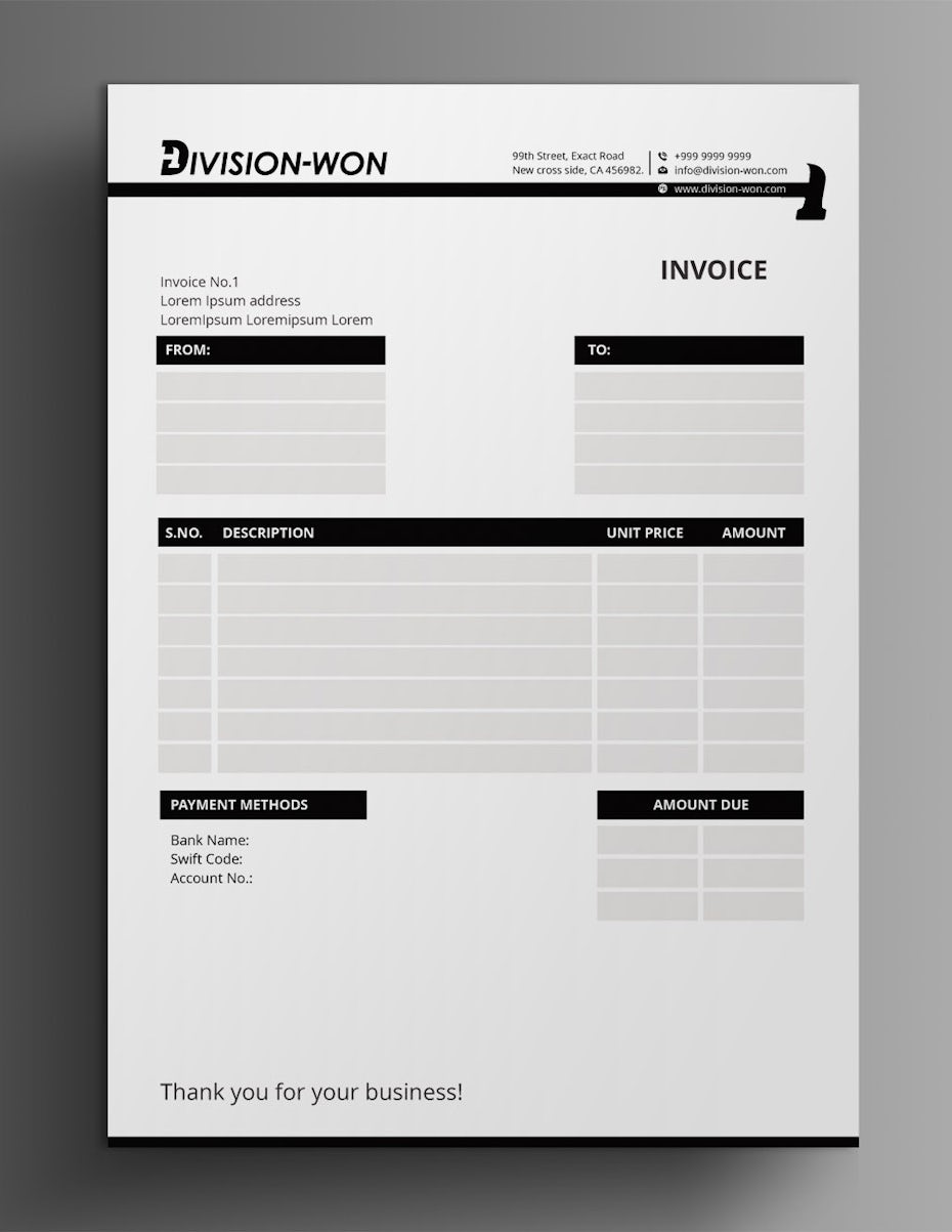 black and white invoice design with a hammer worked into the page break